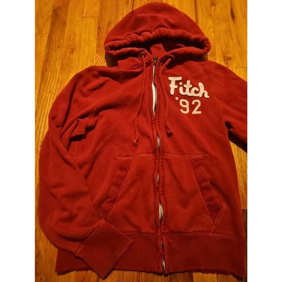 Abercrombie & Fitch Hoodie Large Red Zip Muscle Fit Distressed 92 Y2K Preppy - Picture 1 of 8